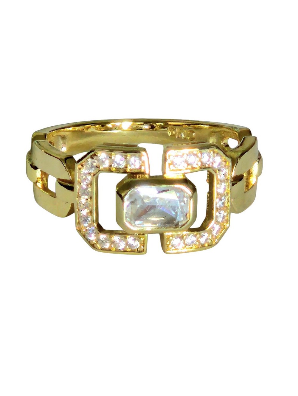 Gold Crystal Link Ring With Emerald Center Stone & Sparling Gem Accents Size 8.5